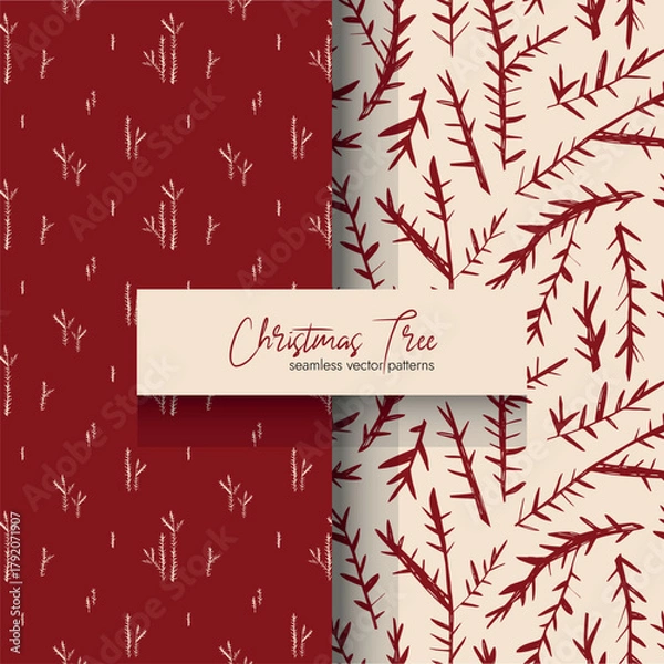 Fototapeta Christmas tree branch seamless vector patterns set in warm red and cream tones for holiday decor textiles gift wrap and branding