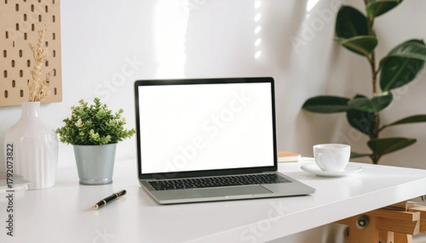 Obraz Open laptop with a blank white screen placed on a bright, minimalist home office desk, surrounded by indoor plants, a coffee cup, and sunny light.