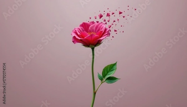 Fototapeta Vibrant pink flower with petals scattering into hearts on a soft pastel background in a romantic theme