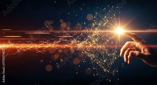 Fototapeta Hand touching a bright light creating a burst of energy and particles