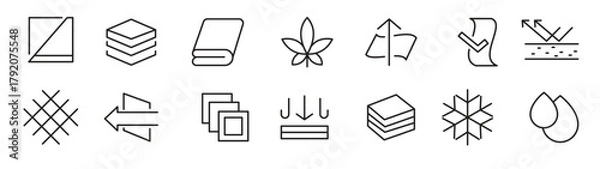 Fototapeta Febric Metarial line icon set. Fabric features, materials, fabric business, protection, breathable, lightweight, outline, leather, silk, synthetics, wool line icon set. 