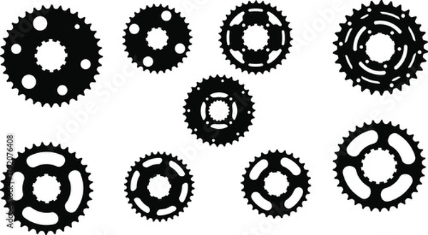 Obraz Bicycle chainring and sprocket silhouette set with varied gear designs, black vector illustration on white background for cycling, mechanical, and design themes