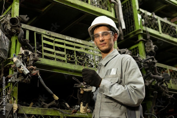 Obraz Technician worker working and smile to the camera in garage scrap yard car workshop warehouse.
