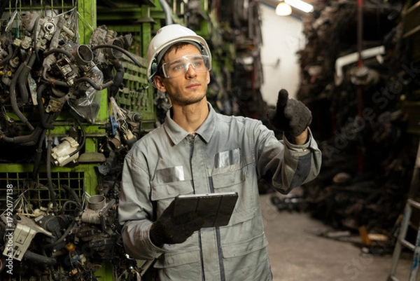 Fototapeta Technician worker working and checking in garage scrap yard car workshop warehouse.
