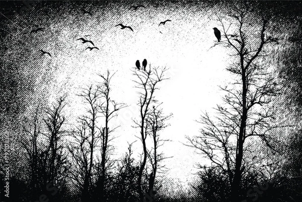 Fototapeta Silhouette of winter forest with flying birds. Gothic style black and white illustration	