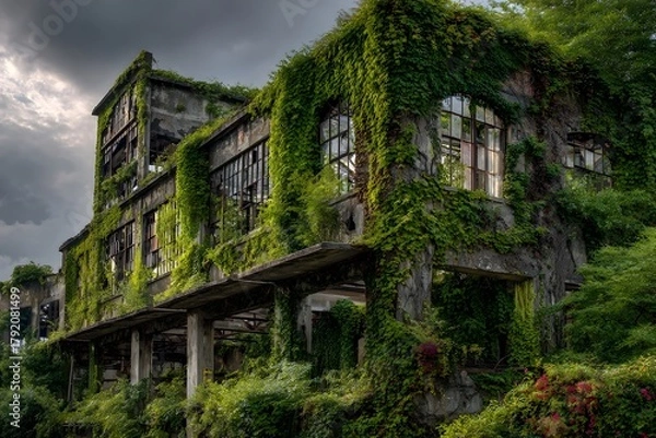 Fototapeta An overgrown building, emphasizing nature's reclamation, mystery, and serene atmosphere.