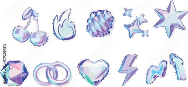 Obraz Iridescent Balloon Icons Set | Cherries, Flame, Swirl, Stars, Diamond, Rings, Heart, Lightning Bolt Vector Illustration for Party Decorations, Celebrations, and Graphic Design