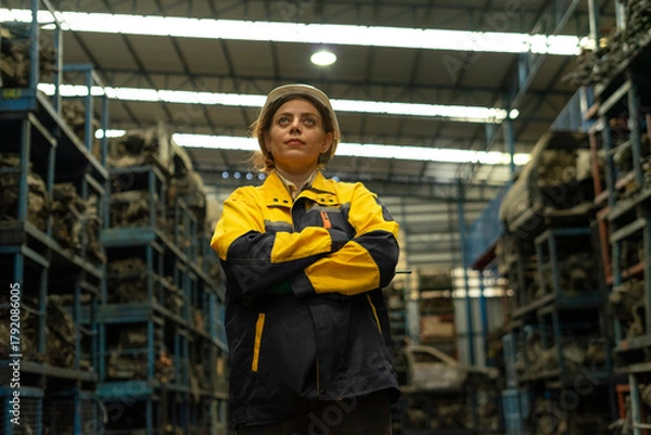 Obraz Hispanic female foreman worker holding walkie talkie, checking inventory of auto parts and engine maintenance duties in factory.