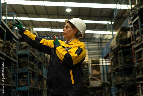 Fototapeta Hispanic female foreman worker holding walkie talkie, checking inventory of auto parts and engine maintenance duties in factory.