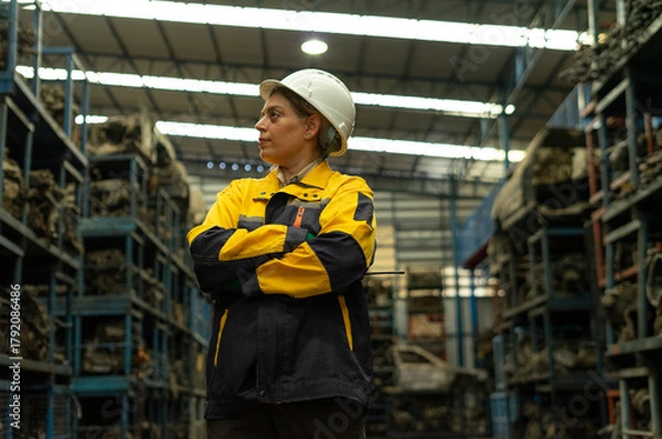Fototapeta Hispanic female foreman worker holding walkie talkie, checking inventory of auto parts and engine maintenance duties in factory.