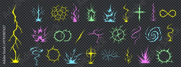 Obraz Manga thunder effect set with comic bolt lightning vector art. Manga thunder pack contains colored spiral, crack grid, circles and vertical strike. Digital icons for game, vfx or anime.