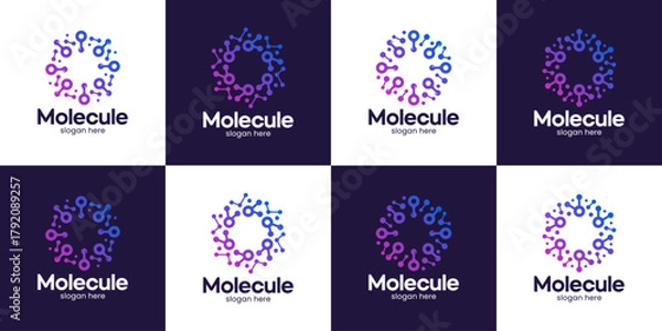 Fototapeta Set of a molecule logo design template illustration. Technology connection concept vector design with chemistry particle and atom molecular structure icon graphic symbol