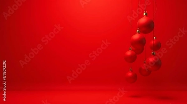Fototapeta Red Christmas Ornaments Hanging on Monochrome Background for Elegant Holiday Display
