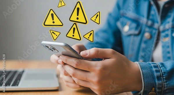 Fototapeta Person holding a smartphone with multiple yellow warning signs floating above it, symbolizing digital alerts or potential dangers.