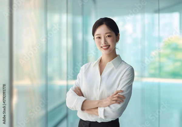 Fototapeta Confident professional woman smiling in modern office environment with natural light.