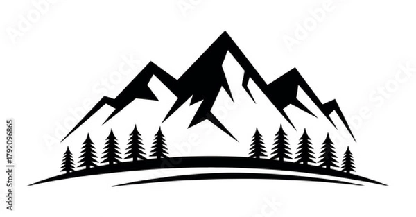 Obraz A striking silhouette of rugged mountain peaks rises above a line of evergreen trees, conveying a sense of natural grandeur and adventure.