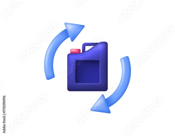 Fototapeta Illustration of fuel jerry can and symbol of rotation, looping. Recycled energy for fuel. Recycle energy. Concept, symbol, icon. Vector 3d style. White background.