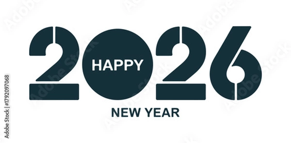 Fototapeta Graphic illustration wishes Happy New Year 2026 with modern dark blue numbers and text on a white background