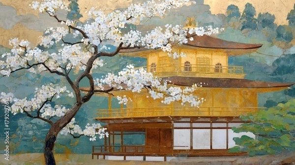 Fototapeta Golden Temple Surrounded by Cherry Blossoms and Green Mountains in Tranquil Japanese Landscape