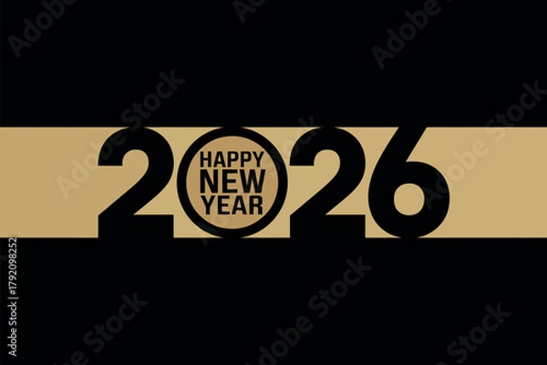 Fototapeta Happy New Year 2026 text art graphic with gold stripe on black background.