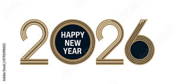 Fototapeta Happy New Year 2026 graphic design with metallic numerals and text.