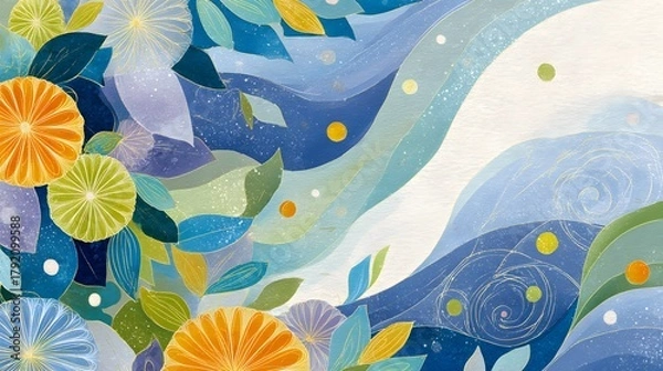 Fototapeta Colorful Abstract Floral Pattern with Swirls and Dynamic Shapes in Vivid Blue and Orange Tones