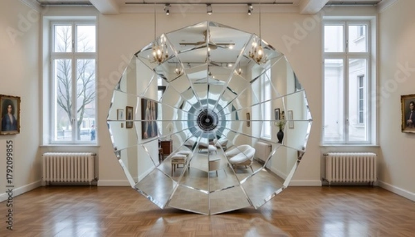 Fototapeta Contemporary Art Installation Featuring Large Geometric Mirror Sculpture in Spacious Gallery