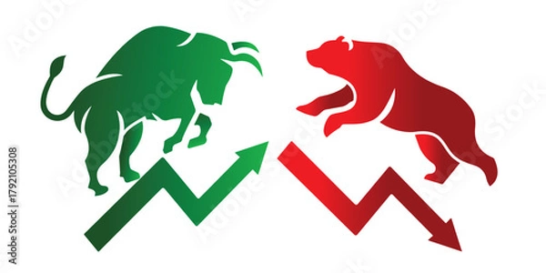 Fototapeta Bear and bull vector for Exchange and traders on a stock market. Bear and bull vector icon design for share market, logo, Stock Market. Bullish vs Bearish market Illustration design. 