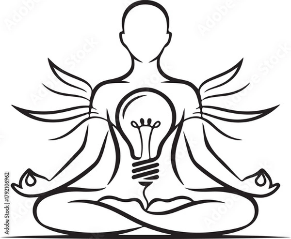 Obraz Meditation figure with glowing inner light bulb and mandala line art in a calm monochrome vector