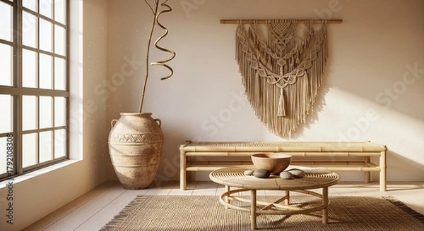 Fototapeta Serene bohemian interior with earthy tones, perfect for creating a calm and inviting space, ideal for home decor inspiration or minimalist living concepts