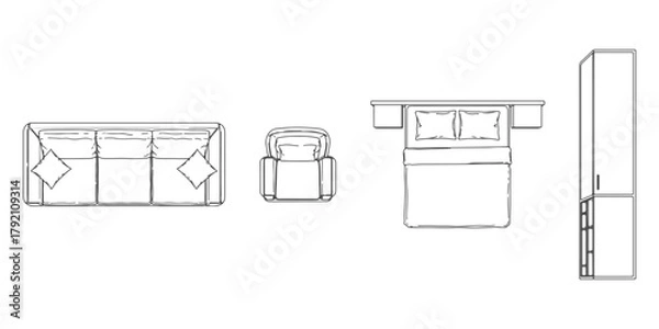 Fototapeta CAD Drawings. Top view of modern furniture set — sofa, chair, bed, table, cabinet. Vector illustration.