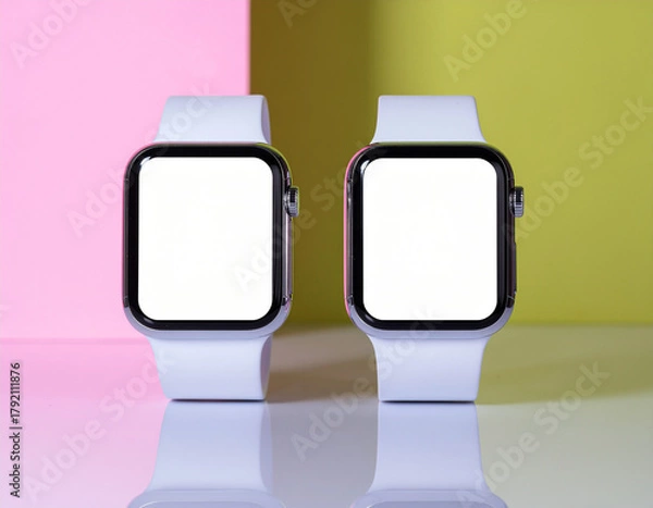 Obraz Two chrome smart watches with white straps and blank screens, set against a split pink and lime green background with a reflection.