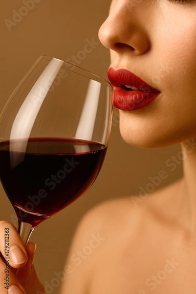 Fototapeta A woman is holding a wine glass and taking a sip of red wine