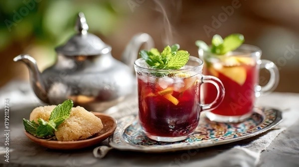 Obraz Traditional moroccan mint tea service with refreshing beverage