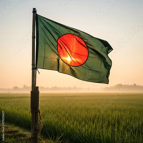 Obraz The flag of Bangladesh flying over a lush green rice field at dawn