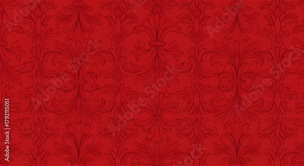 Obraz Elegant red damask pattern with ornate floral scrolls and a vintage feel, perfect for luxury backgrounds.