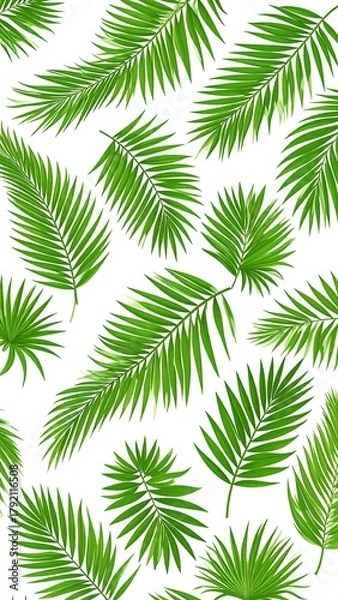 Fototapeta A seamless, repeating pattern featuring vibrant green palm leaves on a clean white background. Realistic botanical elements
