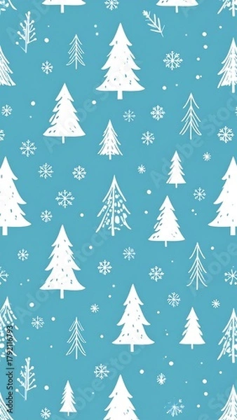 Obraz A seamless, vertical, and simple pattern featuring white stylized evergreen trees and snowflakes on a teal background