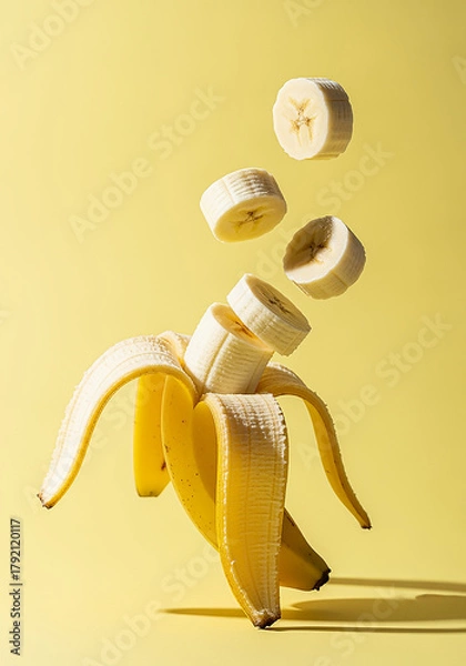 Fototapeta Flying bananas on yellow background. Minimal food concept. Creative idea.