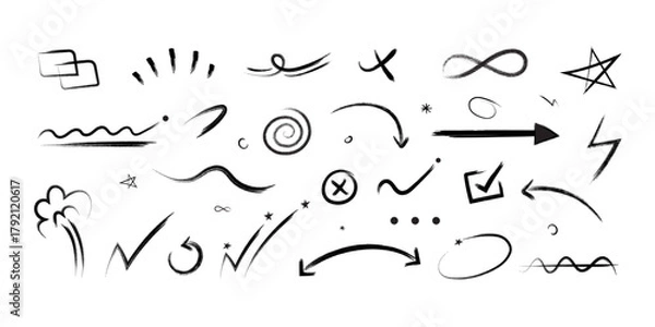 Fototapeta Hand drawn brush sketch design set, doodle elements collection template