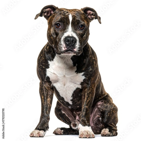 Fototapeta A seated dog poses, looking directly at the viewer. The medium-sized canine has a brindle coat with white markings. It sits centered against a plain backdrop