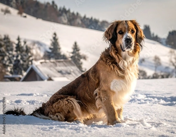 Fototapeta A seated dog, sporting brown and white fur, gazes at the viewer. A snowy vista provides the backdrop of trees, landscape, and a roofed structure