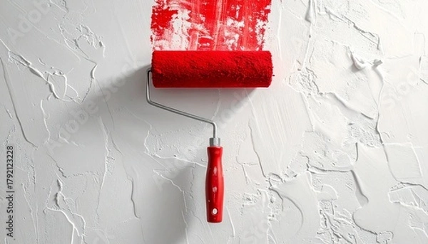 Obraz Red paint roller with thick pigment on textured white surface showcasing home improvement and artistic process