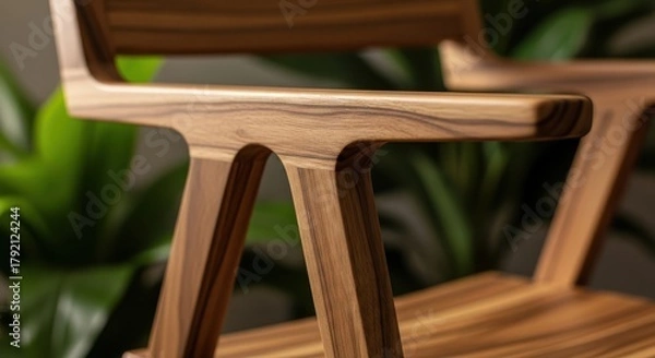 Fototapeta Close up of a wooden chair with a green plant in the background