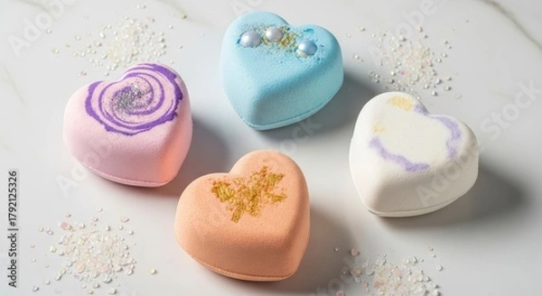 Obraz Pastel Heart Bath Bombs on Marble SelfCare Spa.