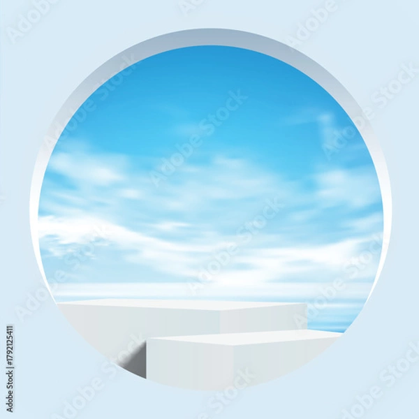 Obraz 3D scene with podium and white arched frame opening bright blue sky and soft clouds. Modern abstract background perfect for product display, branding presentation, cosmetic showcase, design mockups.