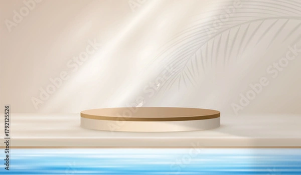 Obraz 3D podium with soft tropical leaf shadows, water reflection and light reflections. Display pedestal mockup minimal scene empty stage for presentation product cosmetic, stand, showcase, exhibition