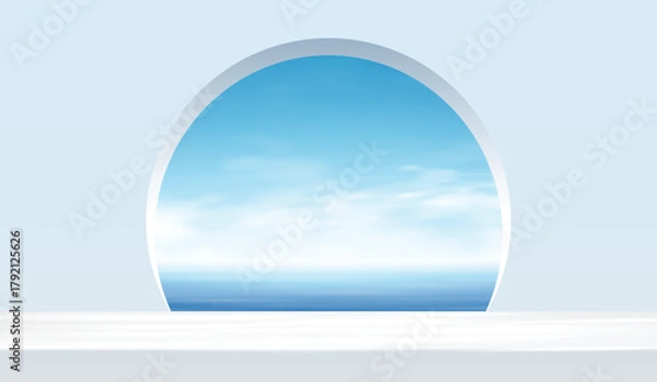 Obraz Minimal abstract background featuring a white arched frame opening to a bright blue sky and calm ocean. Perfect for product presentation, branding mockup, cosmetic display, and summer design concepts.