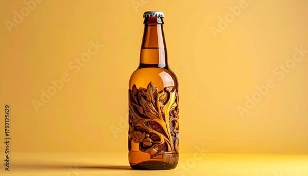 Fototapeta Brown glass bottle with artistic design and yellow cap against solid yellow background showcasing craft packaging