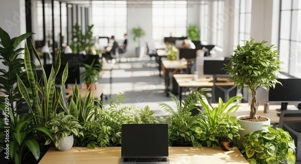 Fototapeta Modern office space with plants and laptop on desk in foreground